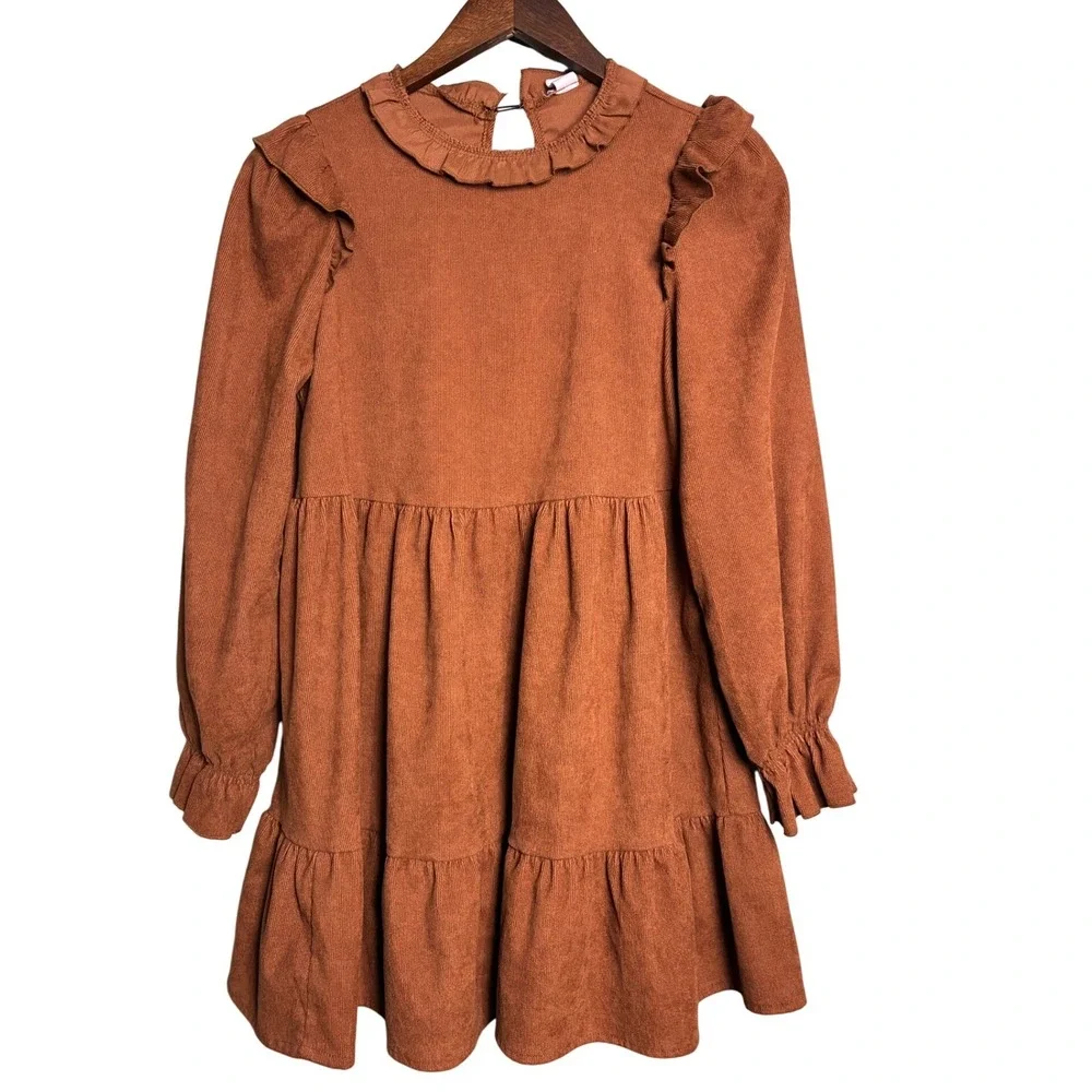 Tiered Babydoll Dress Teen 13Y Rust Brown Ruffle LongSleeve Boho kidcore Prairie